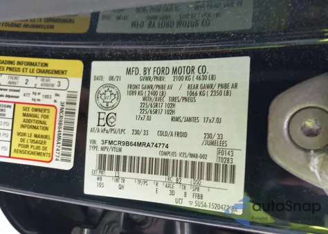 2021 Ford Bronco Sport Big Bend из США, поврежденный, VIN 3FMCR9B64MRA74774